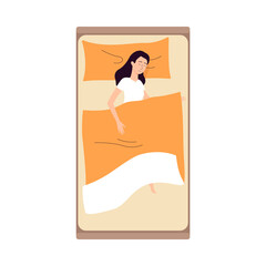 Top view on young woman overcome insomnia sleep in bed on pillow under blanket