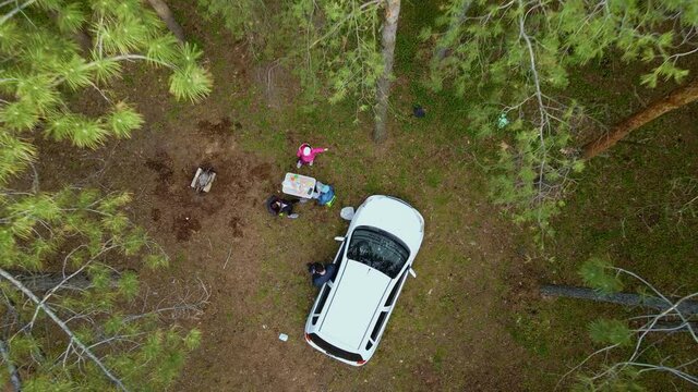 Cinematic aerial shot drone rises over father with mother and children resting in camping on nature during self isolation between high pines in coniferous forest at early spring. Concept of family