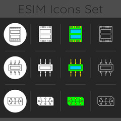 Microcircuits dark theme icons set. Computer device circuit boards design creation. Modern microchips. Linear white, solid glyph and RGB color styles. Isolated vector illustrations