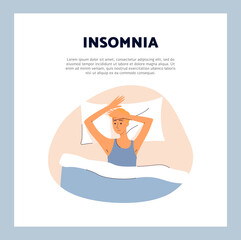 Insomnia and sleeplessness banner with man in bed, flat vector illustration.