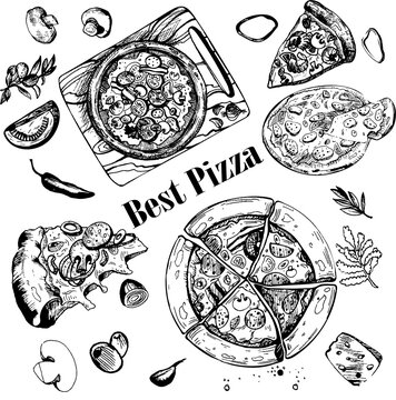 set of hand drawn illustrations,  hand drawn set of pizza,  pizza