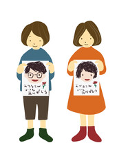クレヨンで子供が描いたような似顔絵を手に持っている両親の手描きイラスト（父の日・母の日・勤労感謝の日や誕生日等に）