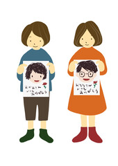 クレヨンで子供が描いたような似顔絵を手に持っている両親の手描きイラスト（父の日・母の日・勤労感謝の日や誕生日等に）
