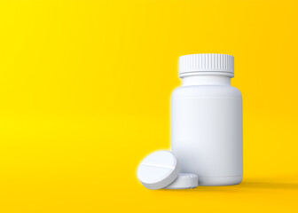 Pills and pill bottle on yellow background with copy space. Medicine concepts. Minimalistic abstract concept. 3d Rendering illustration