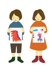 クレヨンで子供が描いたようなイラストを手に持っている子供たちのイラスト（ステイホームをおうちで楽しむイメージや、お手紙、幼稚園・保育園などの施設でお絵描きを楽しむイメージ等に）
