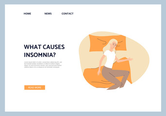 Insomnia causes web banner with sleepless woman, flat vector illustration.