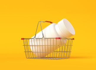 Pill bottle in a metal shopping basket on yellow background with copy space. Medicine concepts. Minimalistic abstract concept. 3d Rendering illustration