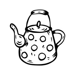 Cute hand-drawn teapot in the style of black and white graphics. Kettle doodle icon