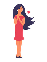 Illustration of a pretty young woman in love with a white background. Vector cartoon romantic illustration.