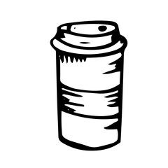 Reusable thermos mug hand-drawn in the style of black and white graphics. Mug, doodle icon
