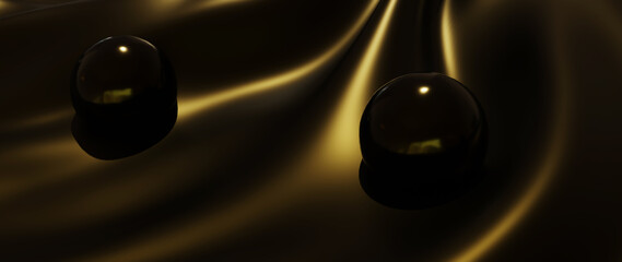 3d render of gold ball and silk. iridescent holographic foil. abstract art fashion background.