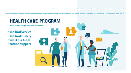 Doctor talks to old people, patients. Flat design website or app page template. Medicine, clinic, health care and research concept