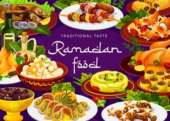 Ramadan food of Iftar, Eid Mubarak biryani and Islam cuisine meals. Ramadan or Ramazan Kareem iftar fasting food sweet dumplings desserts and Arab dishes of lamb, meat skewer, shortbread and hummus