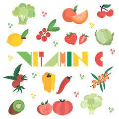 Flat set of vitamin C sources. Vector collection of fruits, vegetables and berries with ascorbic acid. Dietetic food, healthy eating. Vector illustration isolated on white background.