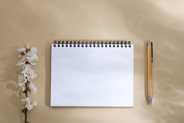 Blank sheet of notebook with a pen and a blooming twig. Top view of sheet for text in spring mood...
