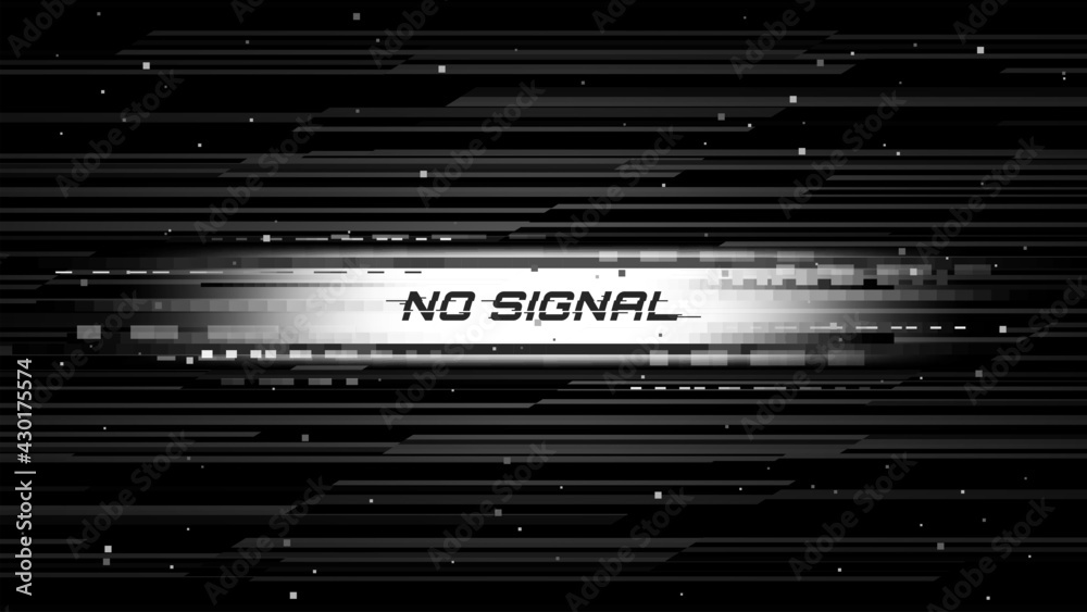 Poster Screen glitch with no signal message, television broadcast fail. Monochrome pixels noise and lines on monitor vector background. TV signal loss, connection error or video data transfer problem