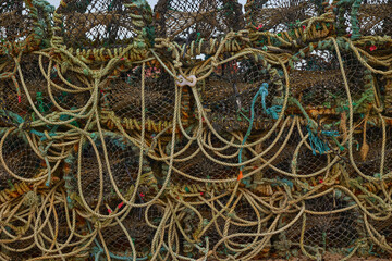 close-up of Lobster and crab pots on a dock