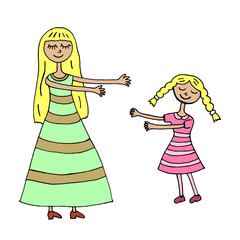 mom hugs her daughter. Vector illustration. Isolated. Coloring pages for adults and children. Cartoon. Hand-drawn doodle style. Can be used in your projects in banners and posters.