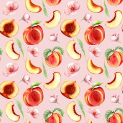 watercolor pattern with hand drawn peaches. Different type of pieces. Ideal for food packaging design