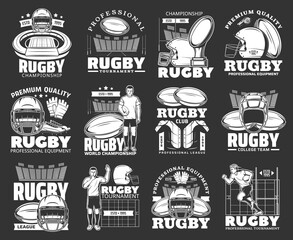 Rugby sport tournament retro icons. Rugby player running with ball, sport arena or stadium, helmet, athlete protective outfits and equipment, championship winner cup, rugby referee blowing in whistle