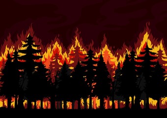 Forest fire background, burning spruce, pine trees vector silhouettes. Natural disaster, ecological catastrophe and environment pollution, climate changes and global warming problem backdrop