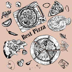 a hand drawn set of pizza,  pizza,cookery, olive, retro