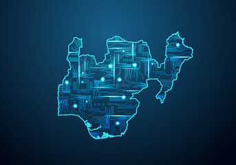 Abstract futuristic map of nigeria. Circuit Board Design Electric of the region. Technology background. mash line and point scales on dark with map.