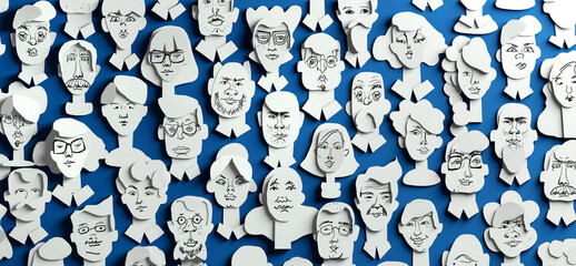 Fototapeta na wymiar Lots of people's faces made of paper. Paper cut design 3D render