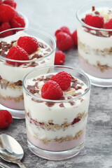Granola with yogurt trifles with raspberry