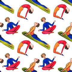 Yoga positions - seamless pattern. Bright colorful characters makin yoga in white background. Watercolor illustration.