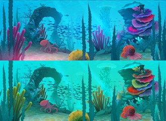 Ocean or sea underwater background with cartoon vector fish, coral reef and sea bottom, blue water, octopus, mollusk and sea shells. Marine wildlife, game ui, seascape, environment and ecology design