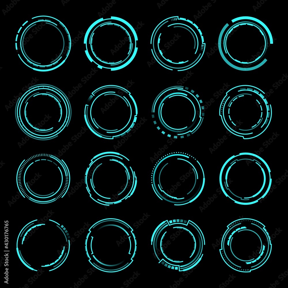 Leinwandbilder HUD round frames or borders, vector sci fi circular neon elements for UI interface. Futuristic glowing circles, buttons for computer game or app menu panel, modern design in techno HUD style