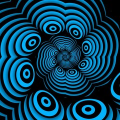 colliding pair of stacked concentric circles bright blue on a black background as spiral 3D design