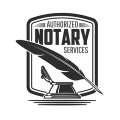 Notary or legal service icon with isolated vector vintage feather pen or quill and inkwell. Lawyer or advocate office, advocacy, notary, law and rights attorney company emblems design - obrazy, fototapety, plakaty
