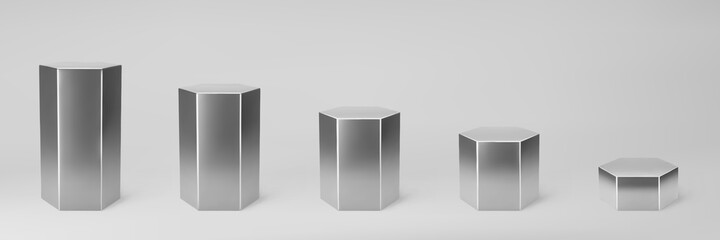 Silver 3d hexagon set front view and levels with perspective isolated on grey background. Hexagon pillar, chrome steel pipe, museum stages, pedestals or product podium. 3d geometric shapes vector