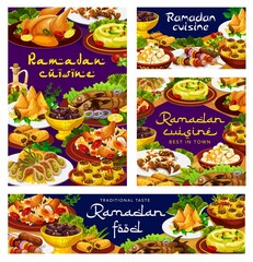 Ramadan food, iftar cuisine dishes, Islam biryani and Eid Mubarak meals menu, vector. Ramadan Kareem traditional Iftar food, shortbread with hummus and kunafa dates, baked chicken, maskuf and atayef
