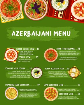 Azerbaijani cuisine vector menu template yogurt soup dovga, noodle meatball soup khamrashi, lamb vegetable stew. Grilled vegetables salad, kufta bozbash soup, dushbara and chicken cornel stew meals