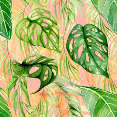 Watercolor hand drawn tropical leaves and flower bouquet arrangements seamless patter.