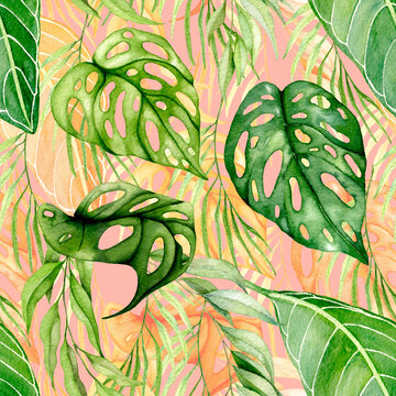 Watercolor hand drawn tropical leaves and flower bouquet arrangements seamless patter. © Renata