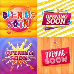 Opening soon cartoon banners and signs for shop or store, vector. Grand opening soon banners with cartoon boom stars and bubbles, open ceremony or celebration event signs and backgrounds