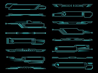 HUD futuristic info box, display and borders interface elements. Vector information screen panels, tech digital bars, neon colored ui design for game menu, ui and gui user app interface