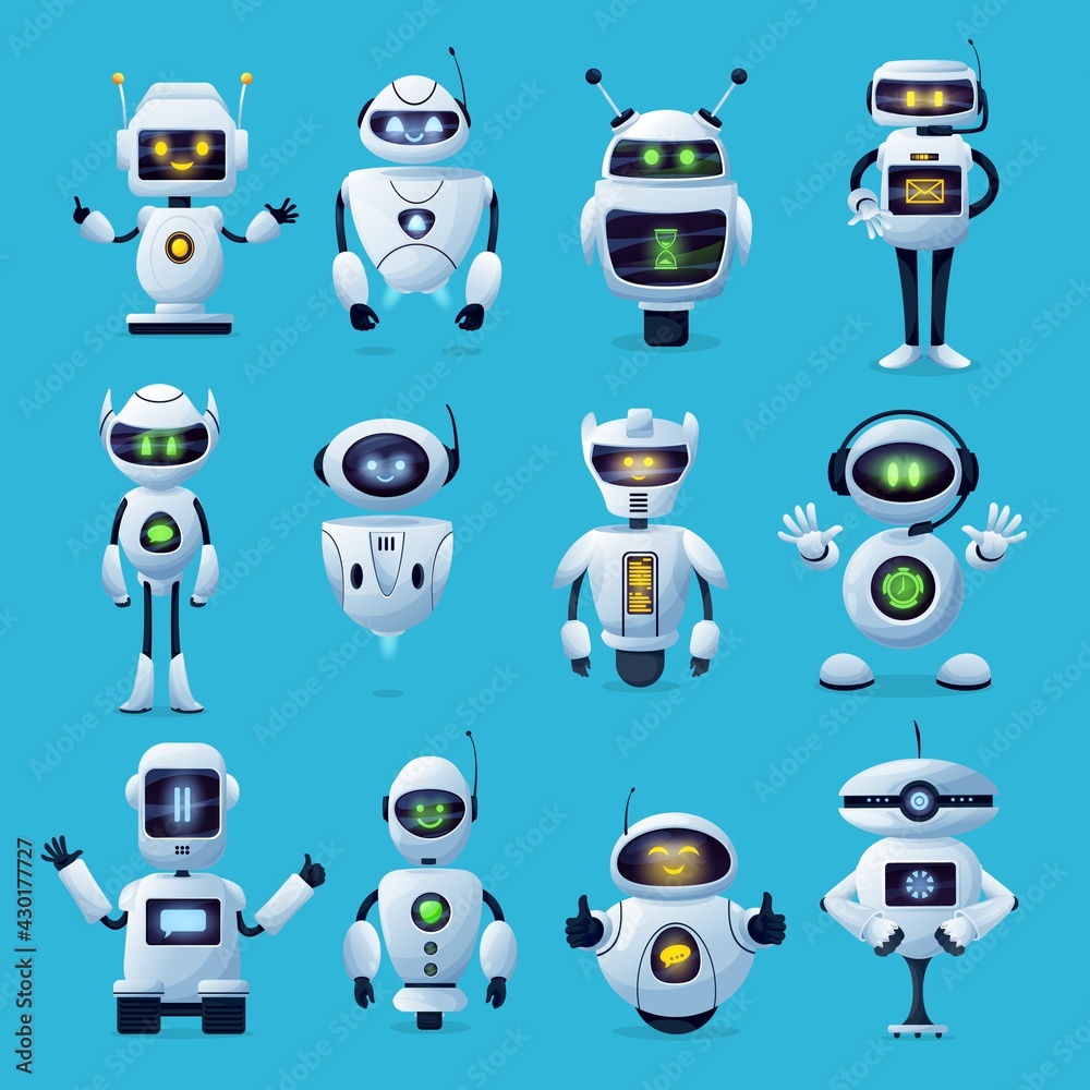 Poster Robot cartoon characters with vector ai or artificial intelligence robotic machines. Modern white robots, toys, humanoid androids and chatbots with cute face screens, antennas and manipulators