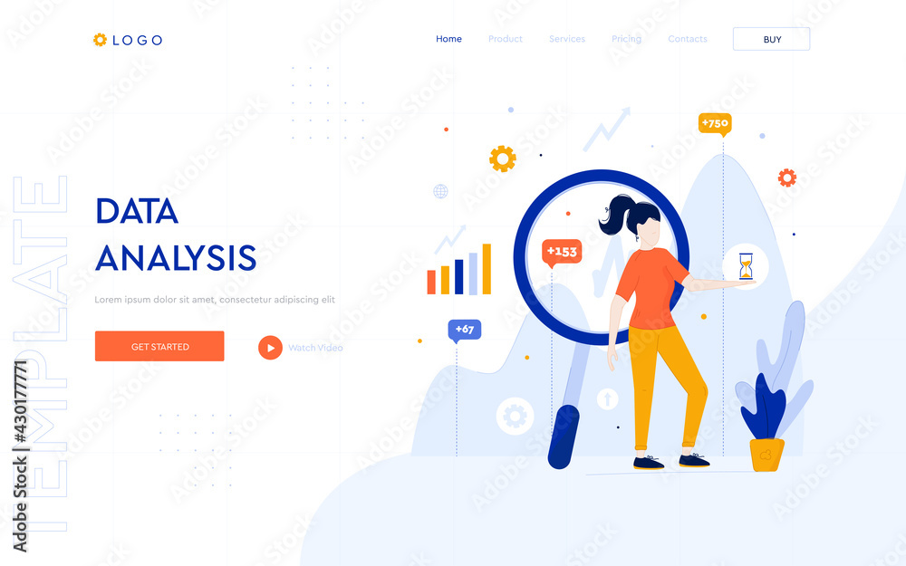 Wall mural data analysis concept website template. the girl analyzes the data and makes graphs and charts. digi