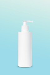 empty white plastic pump bottle for cosmetics on blue background. Mockup