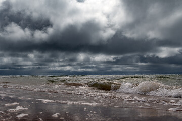 Gray and stormy Baltic sea in spring time.