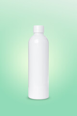 empty white plastic bottle for cosmetics on green background. Mockup