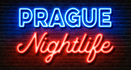 Naklejka na ściany i meble Neon sign on a brick wall - Prague Nightlife