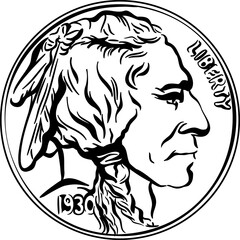 Black and white American money, Obverse of Buffalo nickel or Indian Head nickel 5 Cent Coin