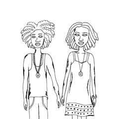 blacks in love. Vector illustration. Isolated. Coloring pages for adults and children. Cartoon. Hand-drawn doodle style. Can be used in your projects in banners and posters.