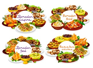 Ramadan food, Iftar Eid Mubarak menu meal dishes, vector Islam religious fasting. Ramadan Kareem traditional Iftar food menu biryani with chicken and sweet dumplings, potatoes with meat and maskuf
